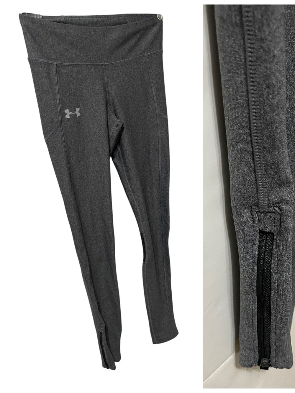 Under Armour gray athletic compression leggings ankle zipper back zip woman S